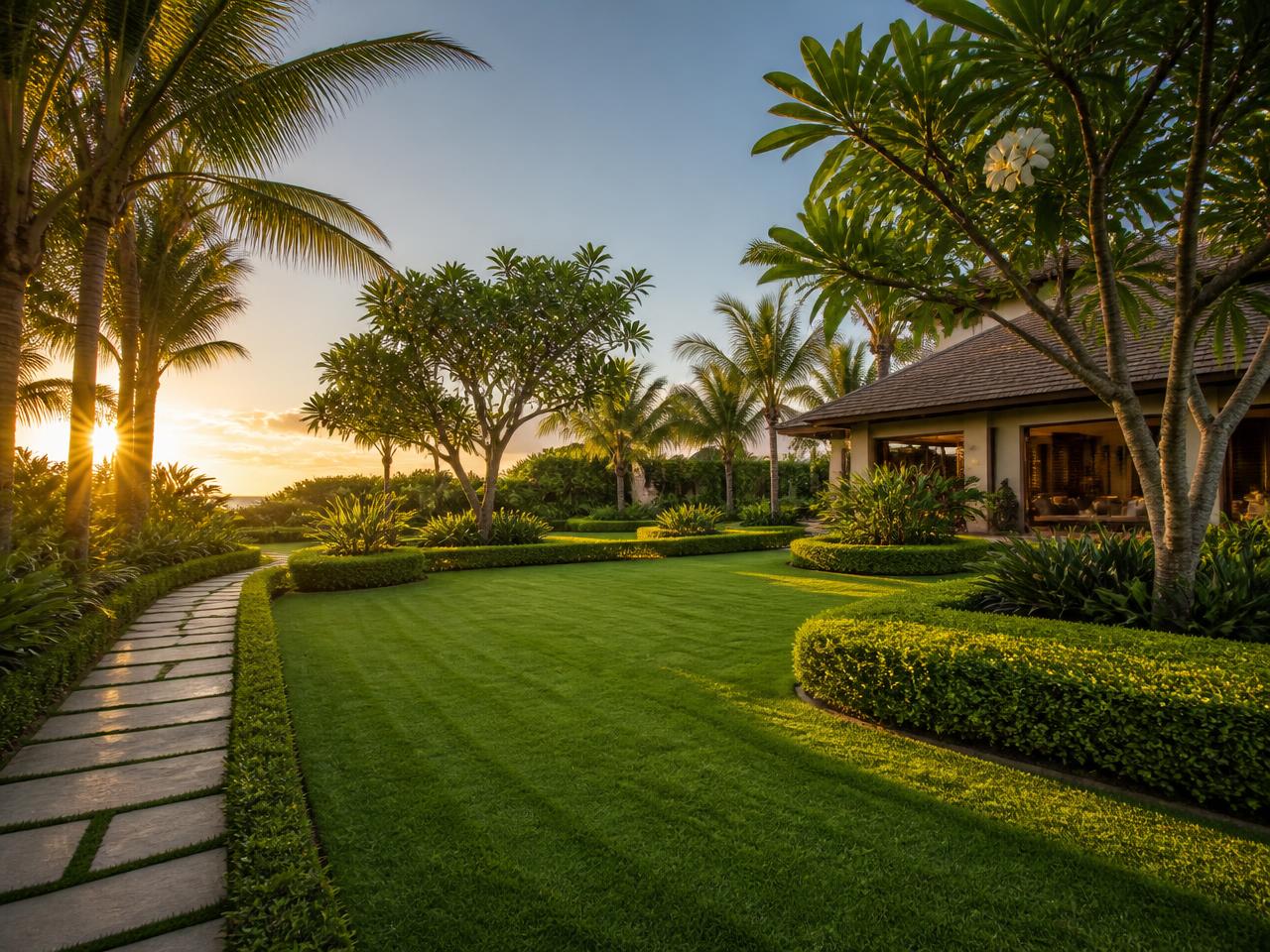 Manicured tropical garden of a Mauritius villa at golden hour
